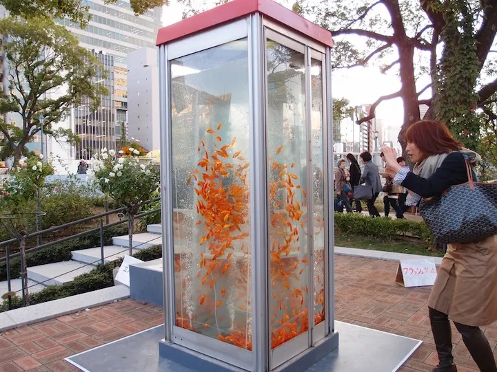 Coletivo de arte transforma cabines telefônicas em aquários no Japão