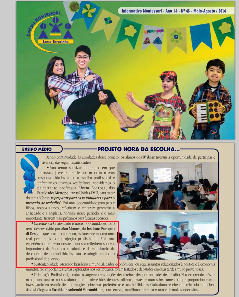 Revista do Colégio Montessori Santa Terezinha destaca palestra de Alan Moraes