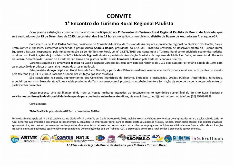 Rede de Economia Criativa – Brasil estará no 1o. Encontro Regional de Turismo Rural – Araraquara – 15 de dezembro de 2015