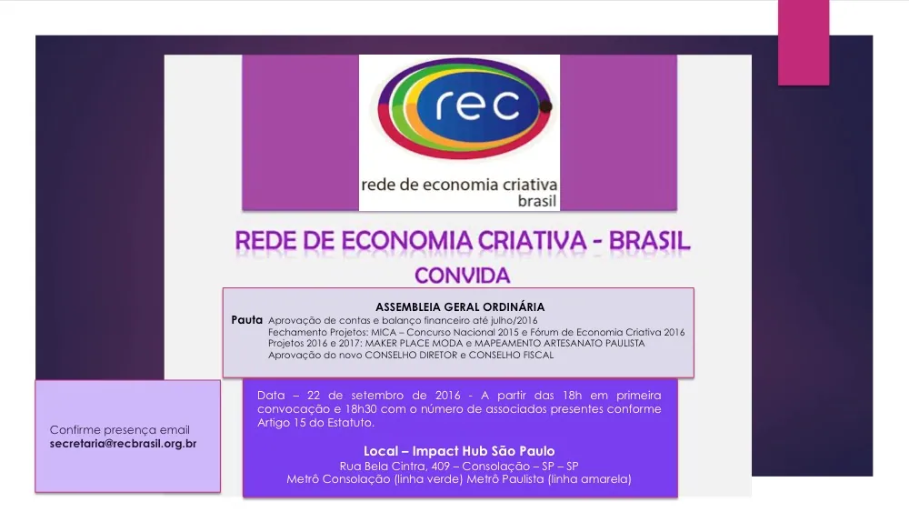 REC-Brasil convida seus associados e membros colaboradores para Assembleia Geral Ordinária (set-16/ SP)