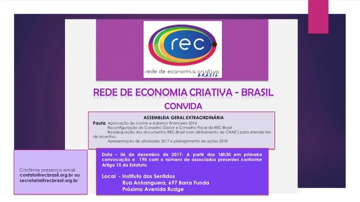 Rede de Economia Criativa Brasil realiza Assembleia Geral Extraordinária – 6 dez 17 (SP)