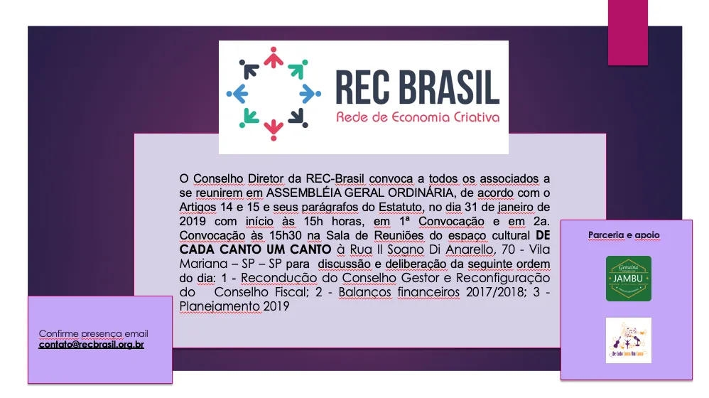REC-Brasil convida para Assembleia Geral Ordinária – 31 janeiro 2019