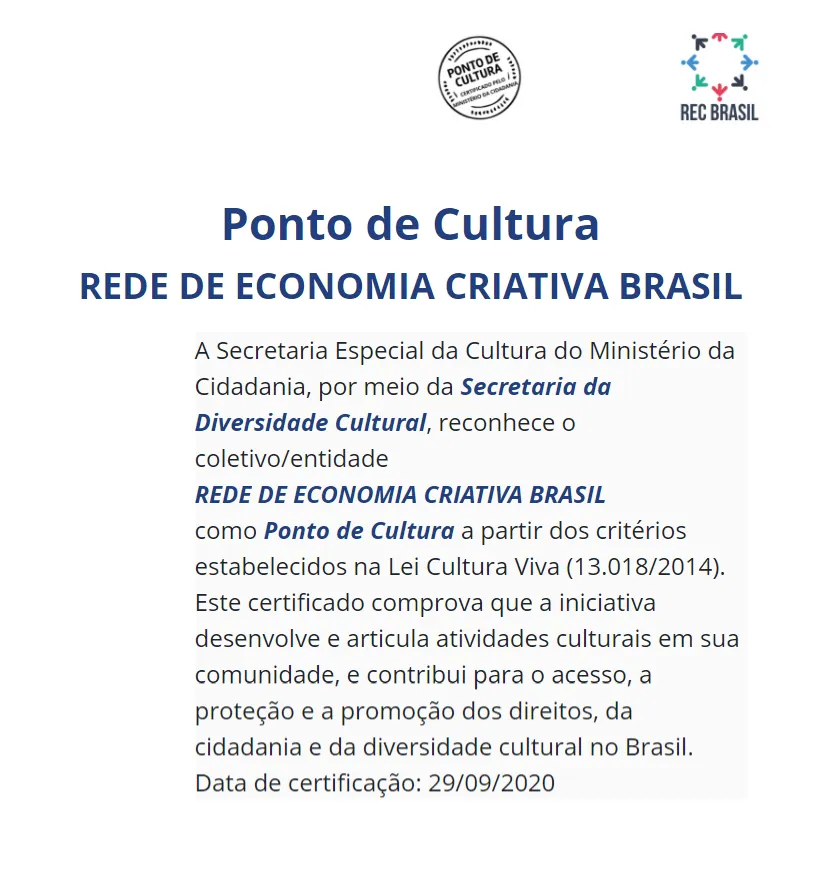 REC-BRASIL recebe certificado como PONTO DE CULTURA em São Paulo.