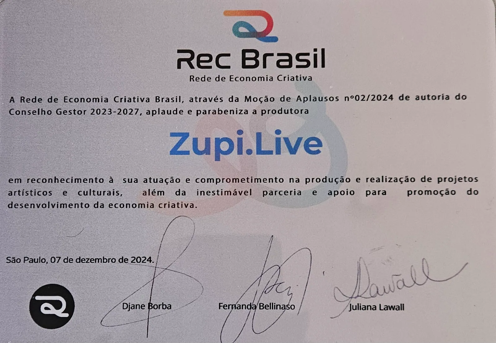 REC Brasil Homenageia Zupi.Live na Economia Criativa